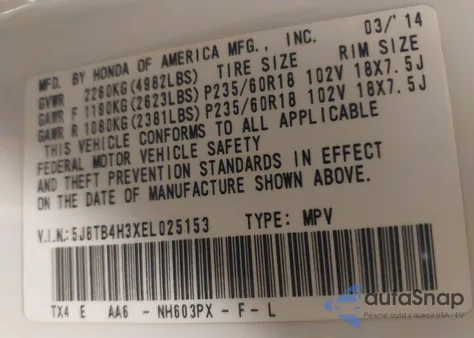 2014 Acura Rdx from USA, damaged, VIN 5J8TB4H3XEL025153